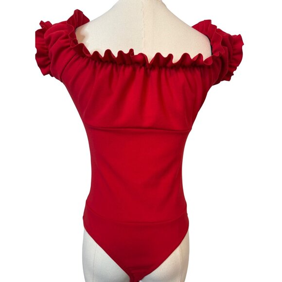 NWT MISSGUIDED Off-The-Shoulder Medium Red Ruffle Thong Bodysuit Flirty Stretch - Picture 7 of 10